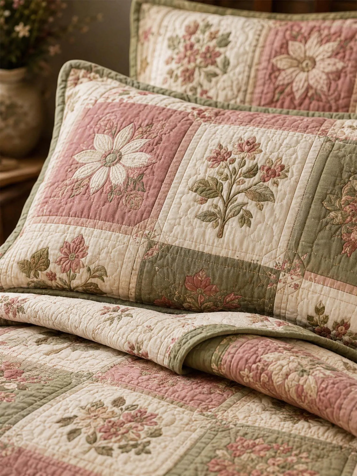Vintage Floral Patchwork Quilted 3-Piece Bedding Set – Luxury Quilted Bedding with Matching Pillow Shams