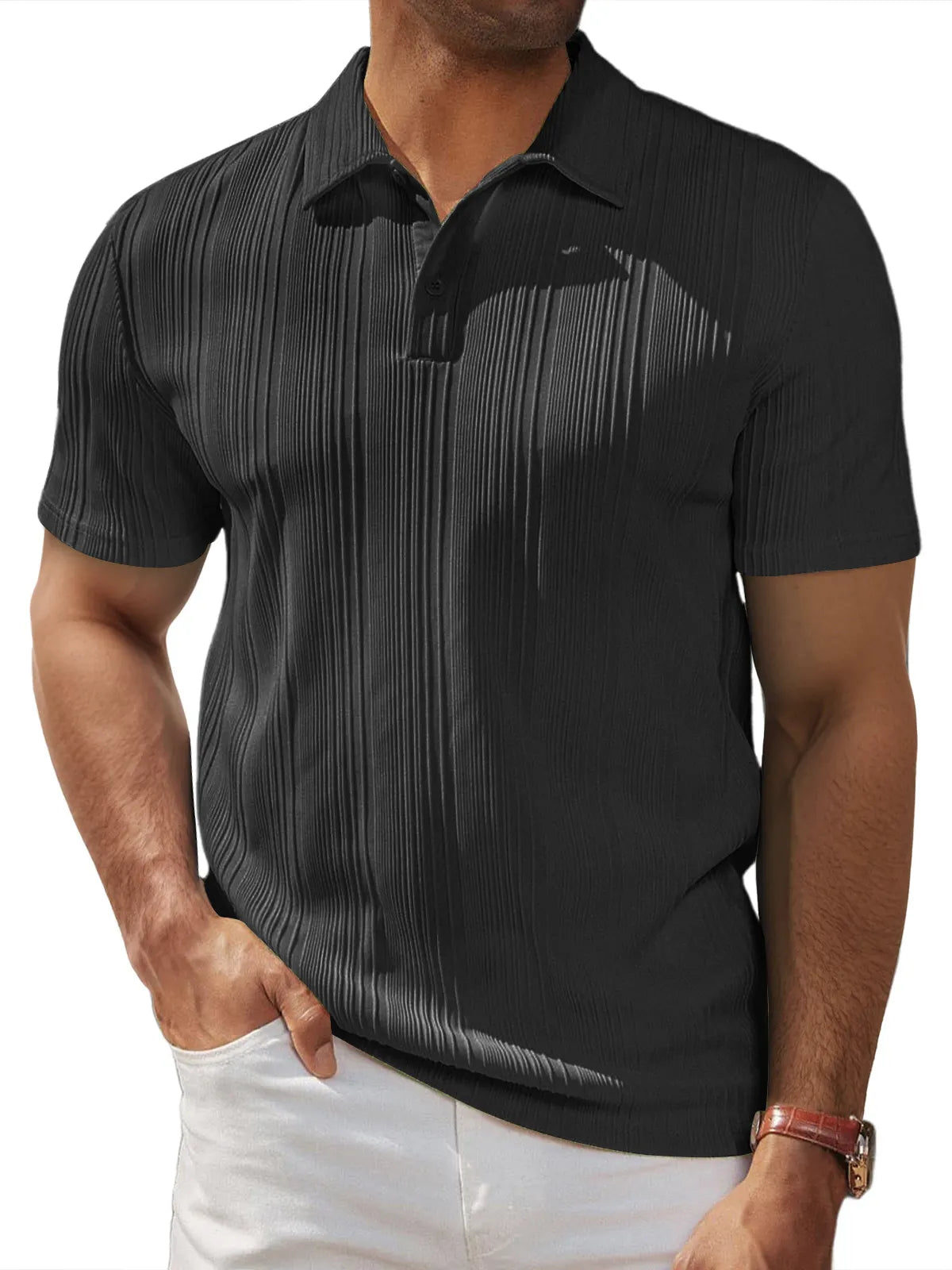 Men's Daily Casual Loose Textured Lapel Button Short-sleeved Polo Shirt