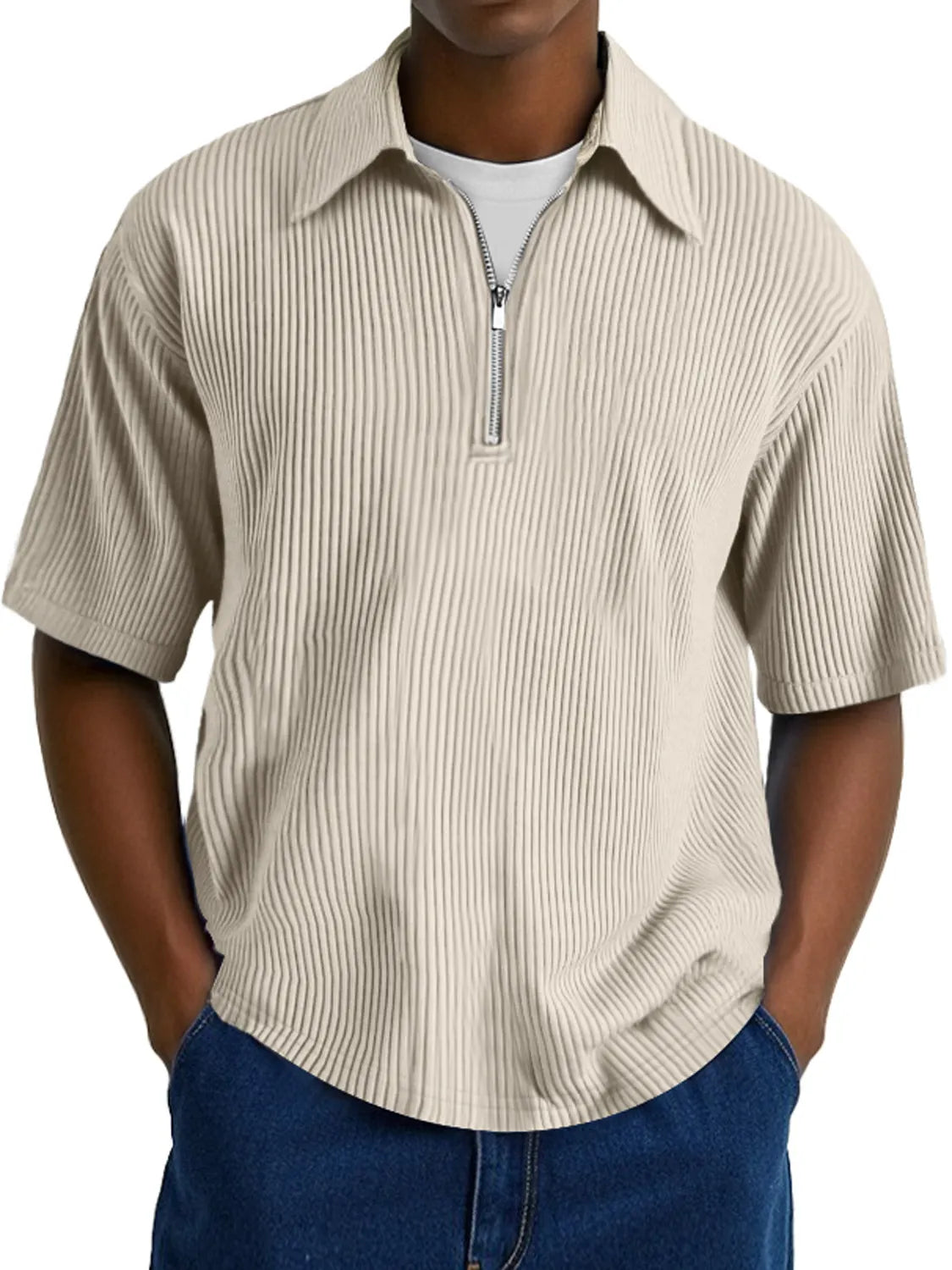 Men's Fashion Ribbed Texture Lapel Zipper Casual Comfort Short Sleeve POLO Shirt