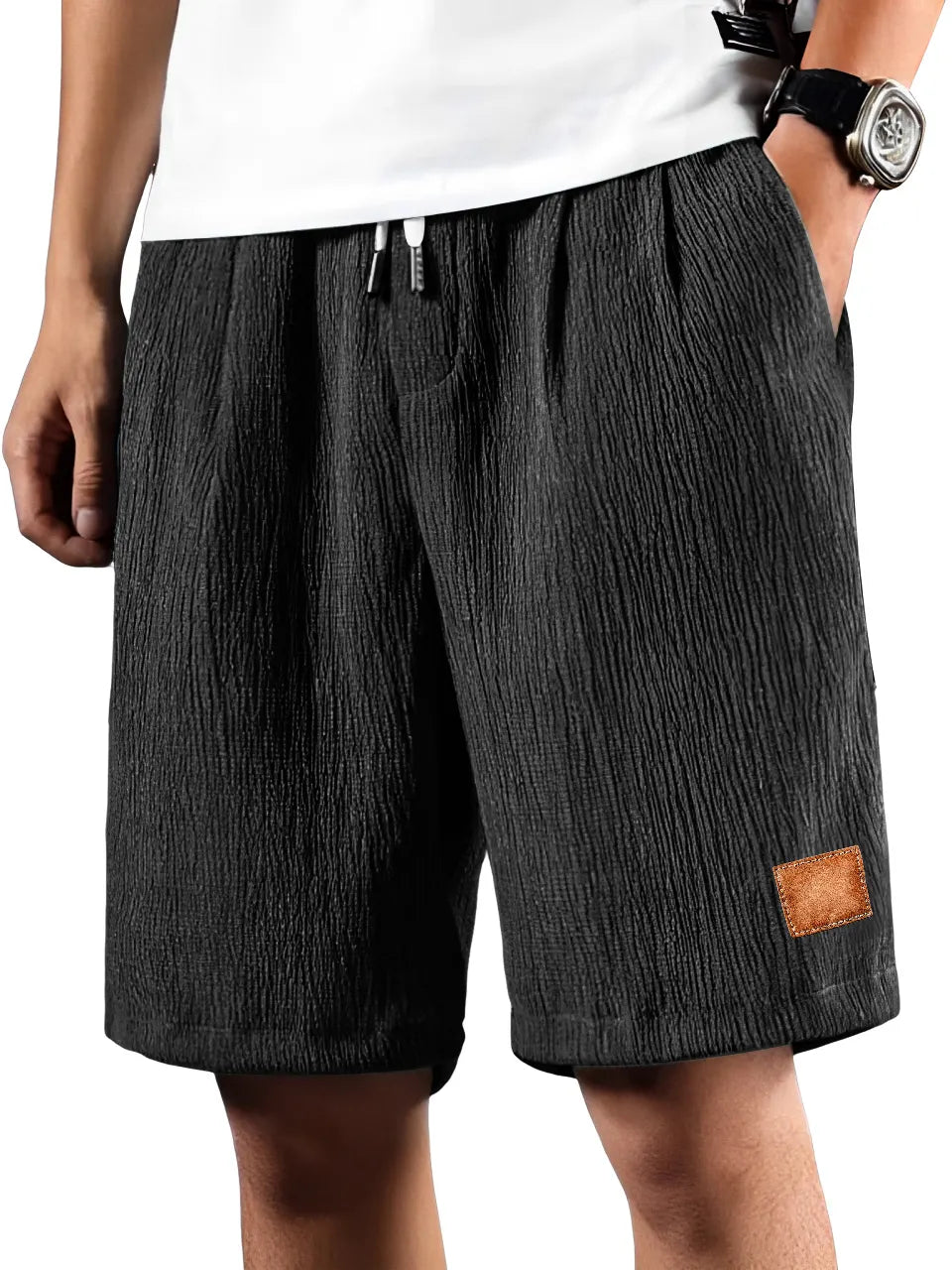 Men's Daily Pleated Texture Embroidered Logo Drawstring Casual Shorts