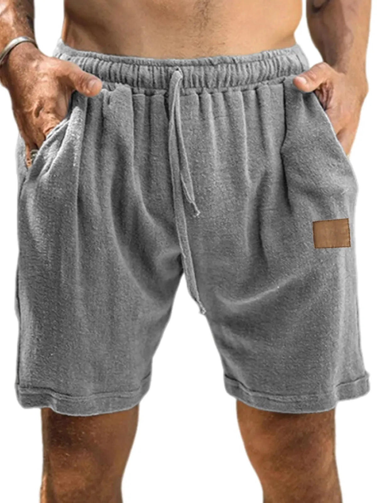 Men's Textured Comfort Embroidered Logo Holiday Casual Lace-Up Shorts with Side Pockets