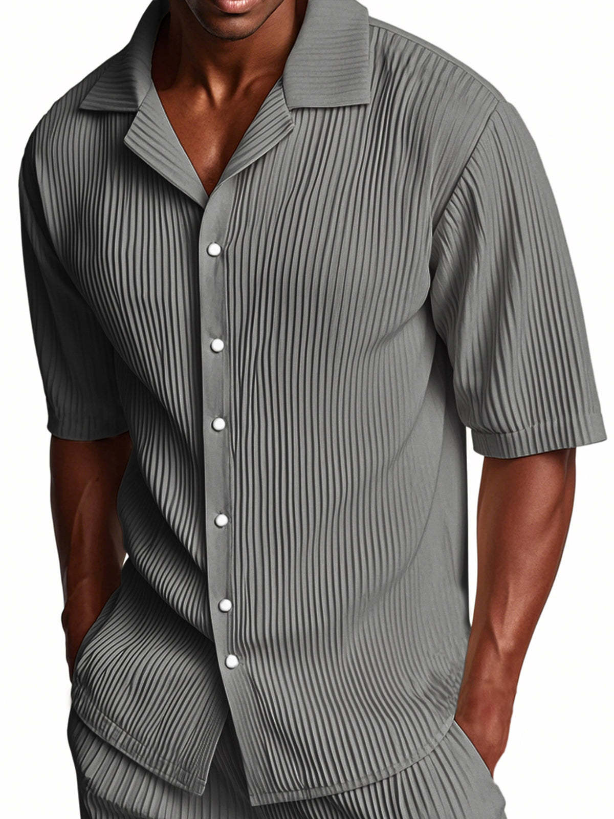 Men's Pleated Cuban Collar Casual Ribbed Fabric Short Sleeve Lapel Shirt