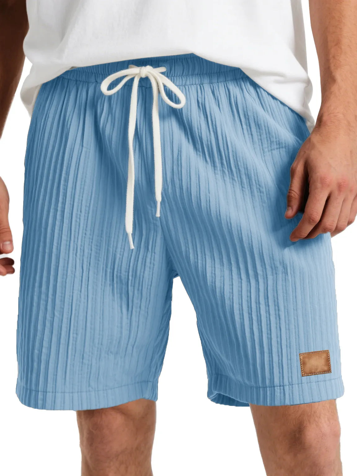 Men's Fashion Casual Striped Fabric Embroidered Logo Lace-up Loose Shorts