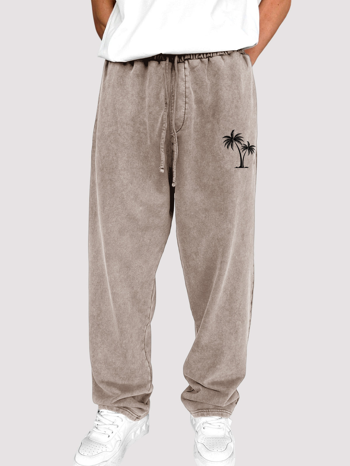 Men's Dyed Vintage Coconut Tree Printed Holiday Casual Elastic Waist Drawstring Trousers