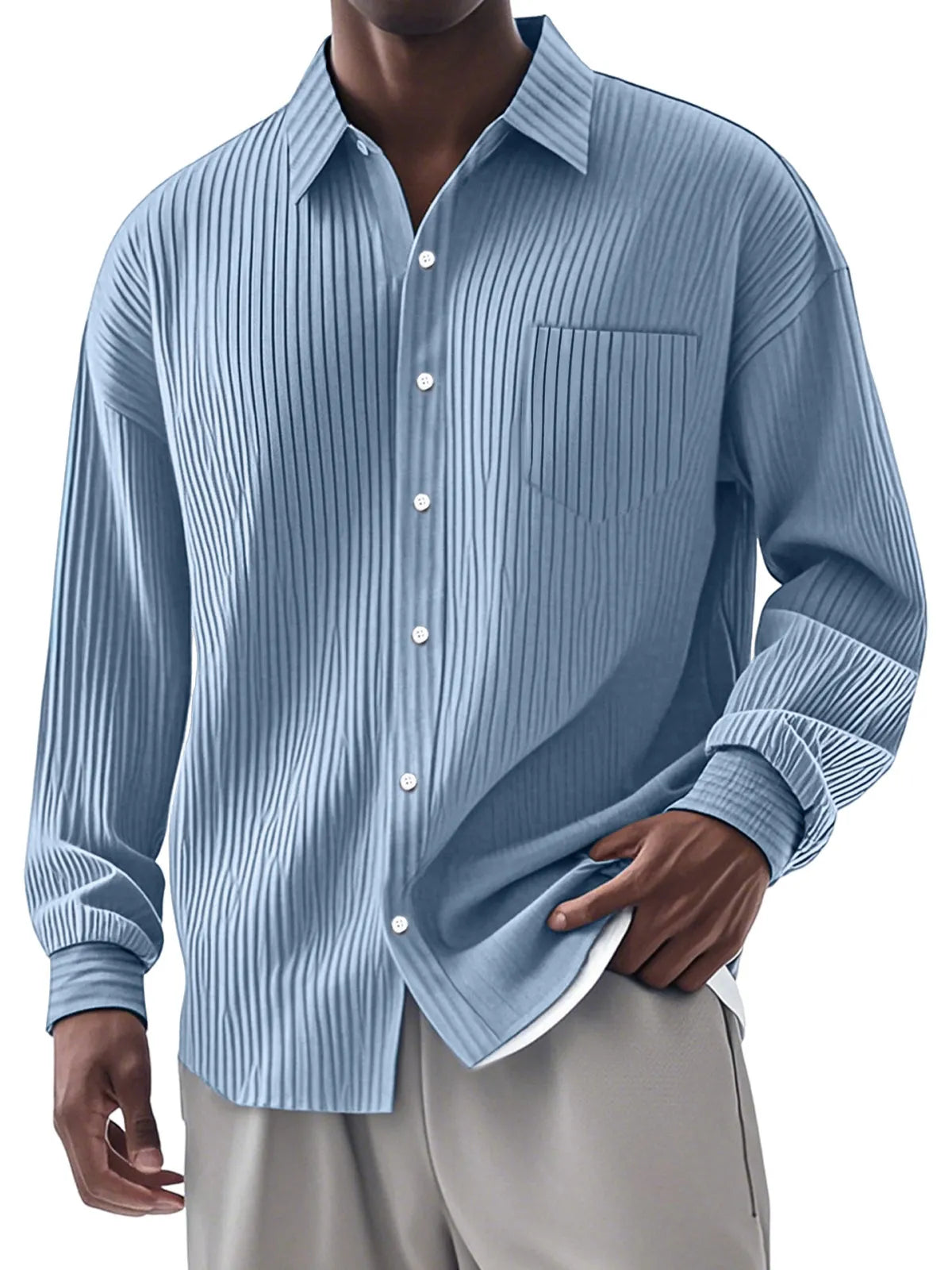 Men's Casual Simple Vertical Pit Strip Long-sleeved Lapel Shirt