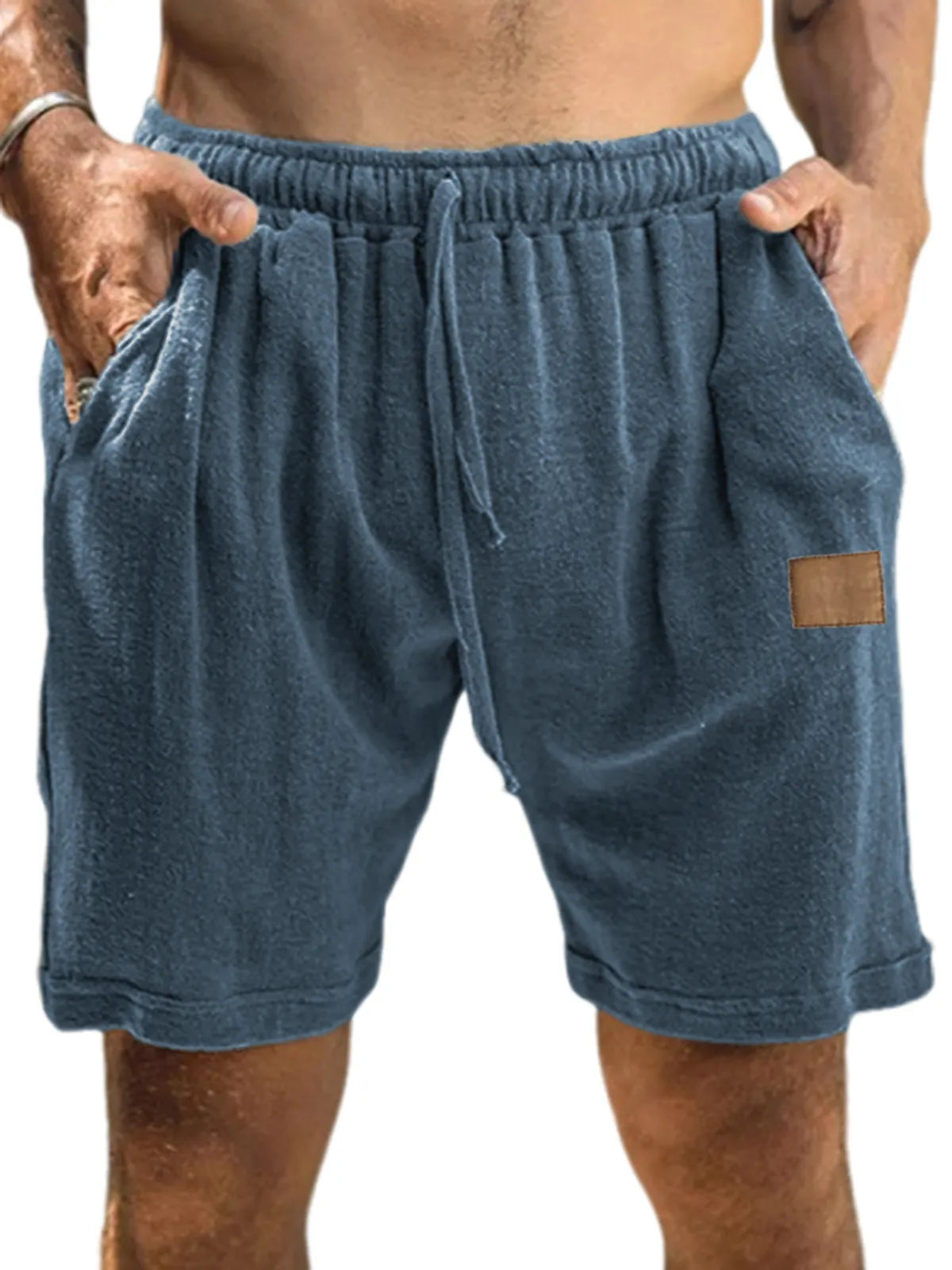 Men's Textured Comfort Embroidered Logo Holiday Casual Lace-Up Shorts with Side Pockets