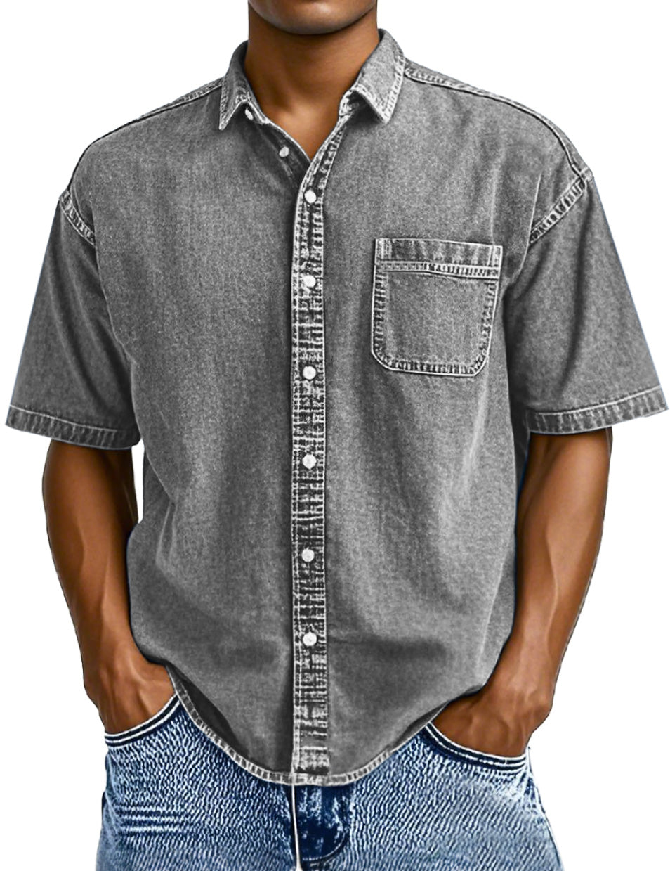 Men's Retro Solid Color Simple Lapel Button-down Short-sleeved Shirt