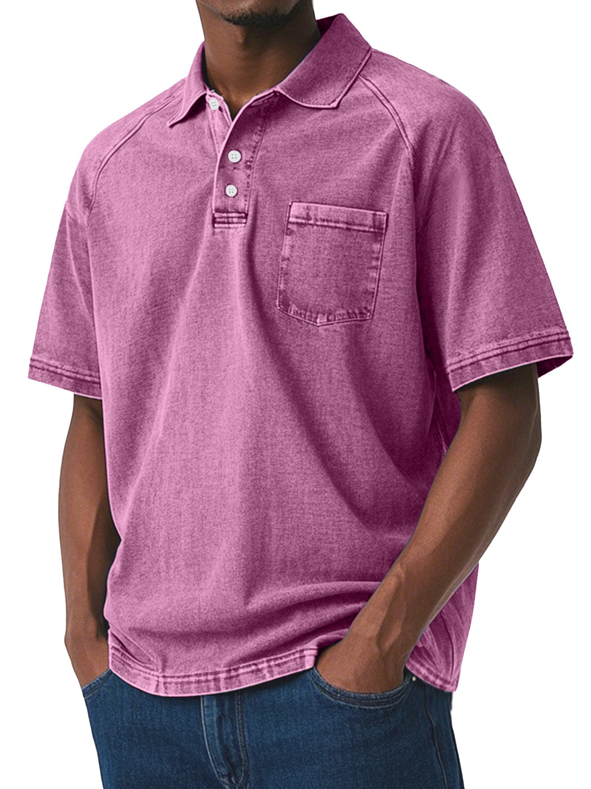 Men's Casual Retro Solid Color Comfortable Raglan Sleeve Lapel Polo Shirt
