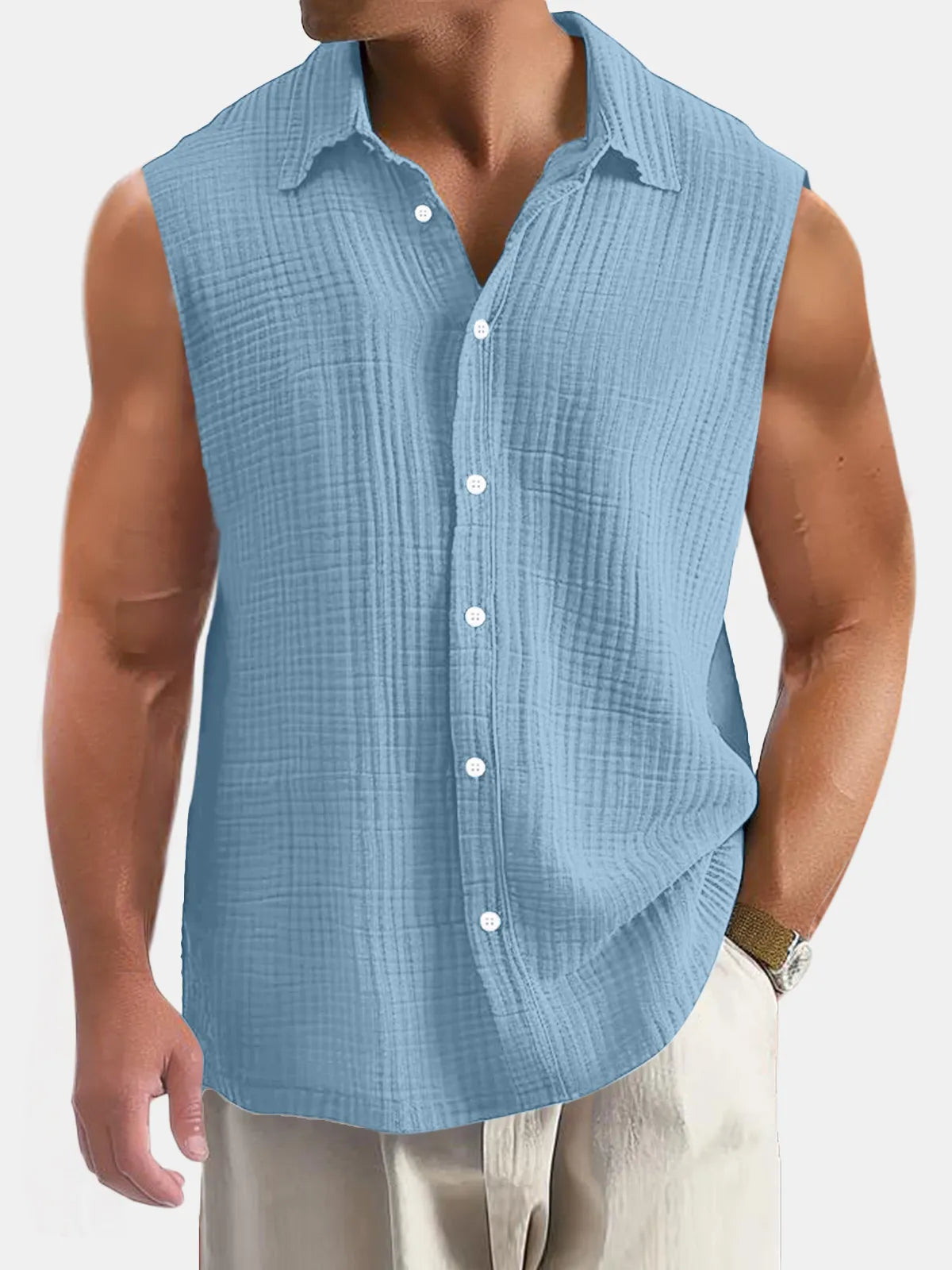 Men's Summer Casual Simple Puff Wrinkle Sleeveless Shirt
