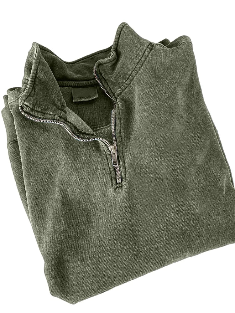Men's Quarter Zip Distressed Washed Cotton Zipper Long Sleeve Sweatshirt