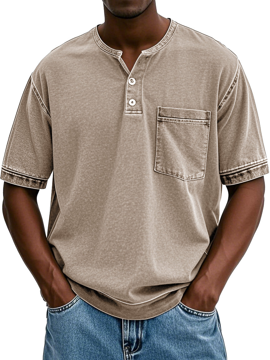 Men's Fashion Vintage Washed Pocket Short Sleeve Henley Shirt