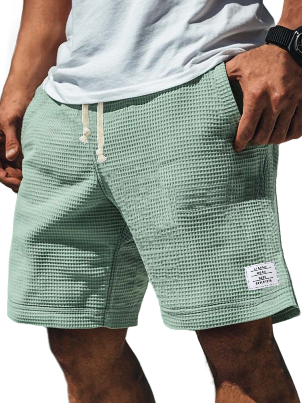 Men's Soft Waffle Simple Embroidered Logo Stylish Lace Up Everyday Casual Shorts