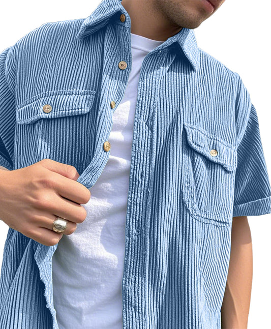 Men's Fashion Double-pocket Retro Corduroy Workwear Casual Short-sleeved Shirt
