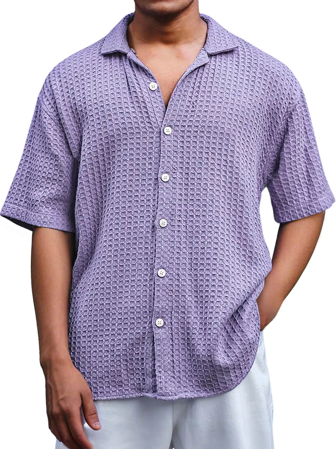 Men's Everyday Waffle Casual Lapel Comfort Short Sleeve Shirt