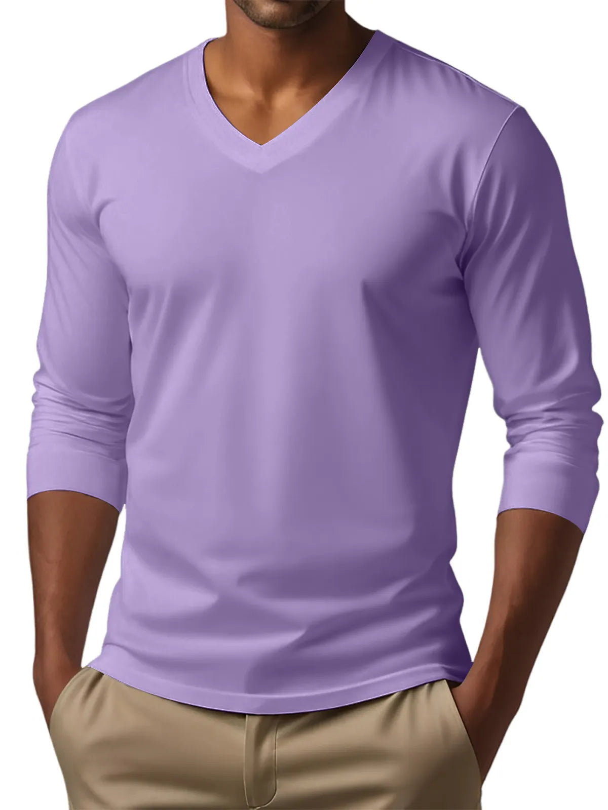 Men's V-neck casual solid color long-sleeved T-shirt