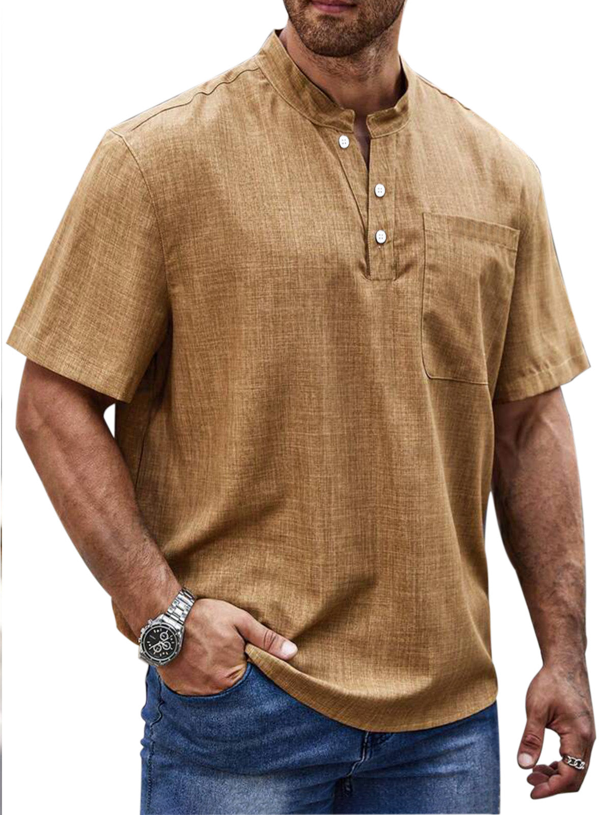 Men's Simple Daily Solid Color Short Sleeve Button Stand Collar Polo Shirt