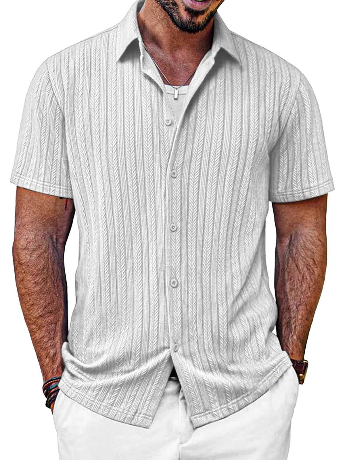 Men's Casual Solid Color Textured Short-sleeved Button-down Shirt