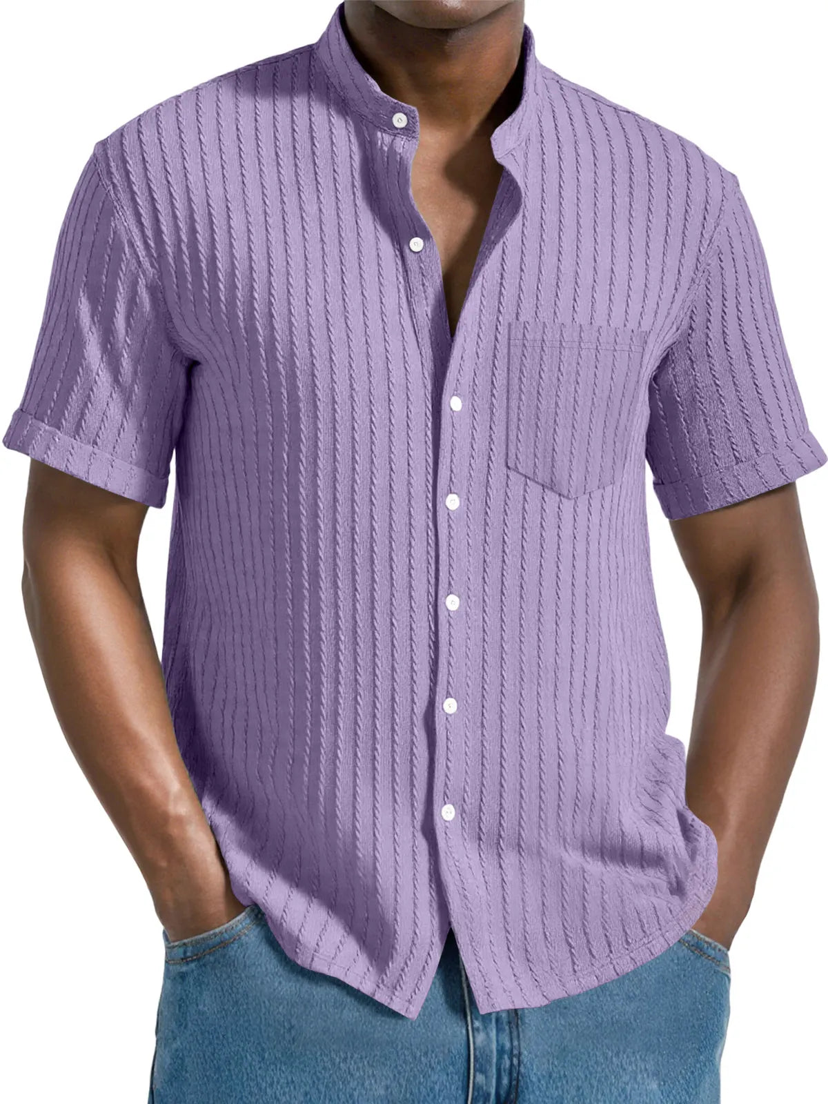 Men's Daily Jacquard Texture Stand Collar Button Casual Short Sleeve Shirt
