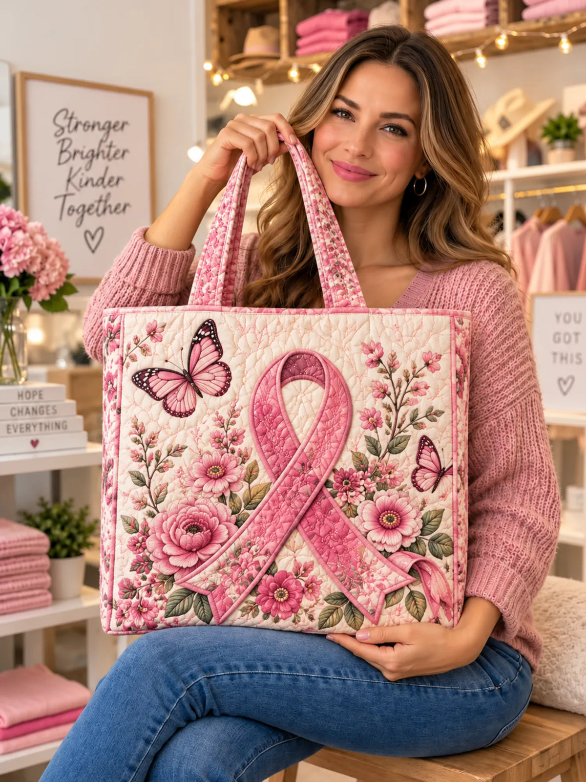 Pink Ribbon Peony Butterfly Patchwork Quilted Tote Bag