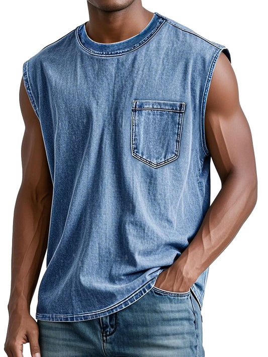 Men's Retro Washed Cotton Casual Round Neck Pocket Fashion Sleeveless Vest