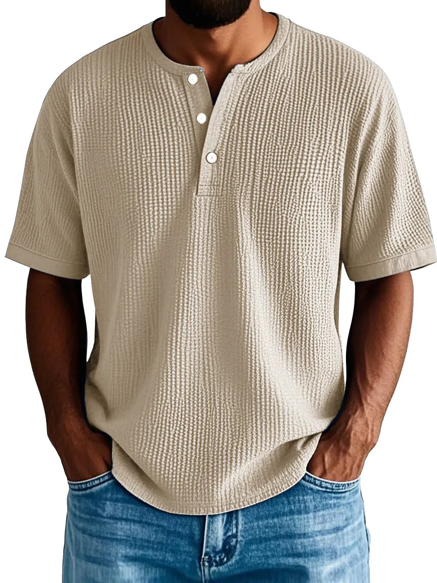 Men's Fashion Casual Pleated Fabric Short-sleeved Vintage Henley Shirt