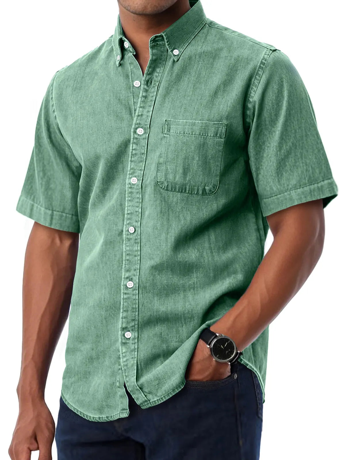 Men's Daily Casual Lapel Pocket Solid Color Comfortable Short Sleeve Shirt