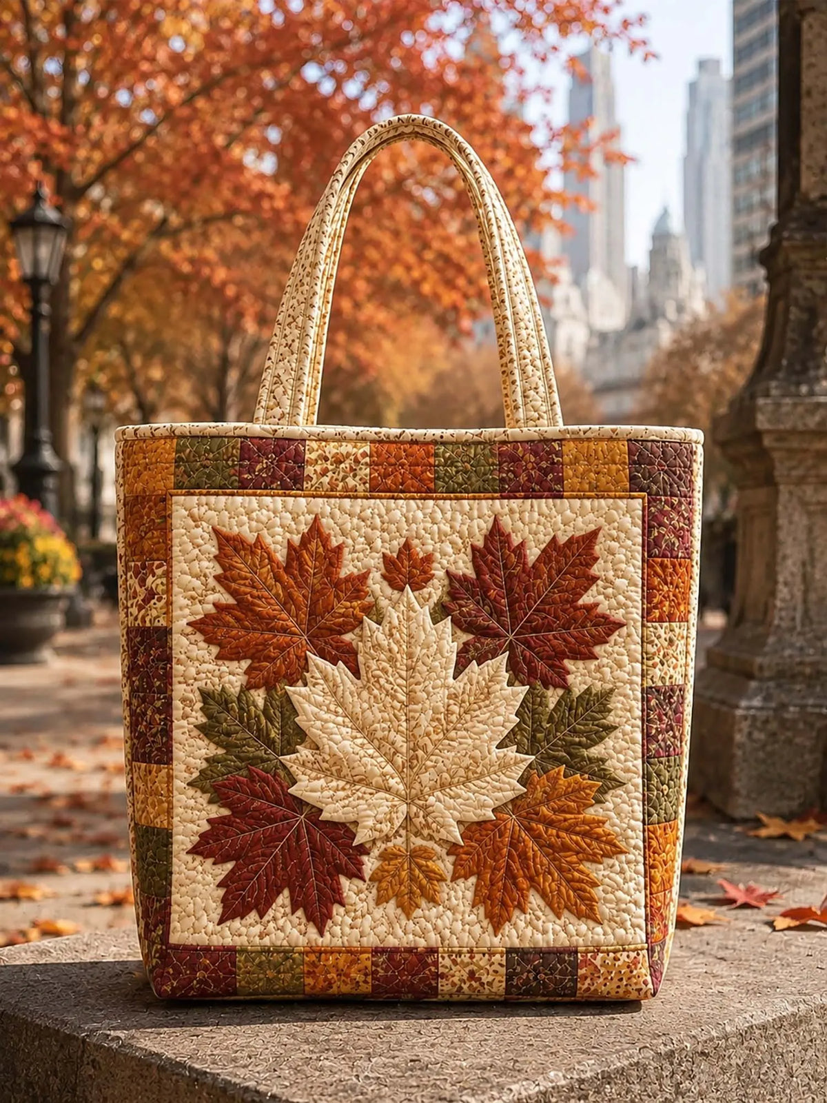 Vintage Fall Leaf Patchwork Quilted Tote Bag