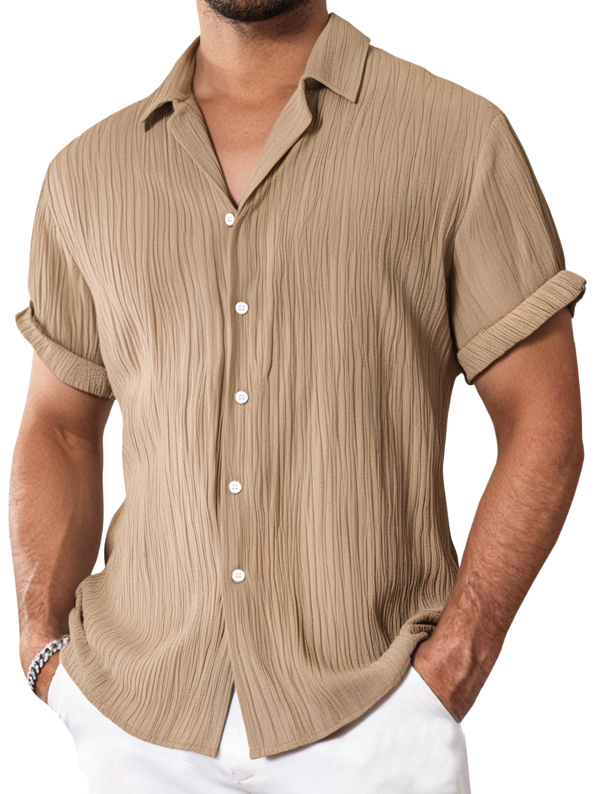 Men's Simple Everyday Textured Short Sleeve Lapel Button-down Shirt