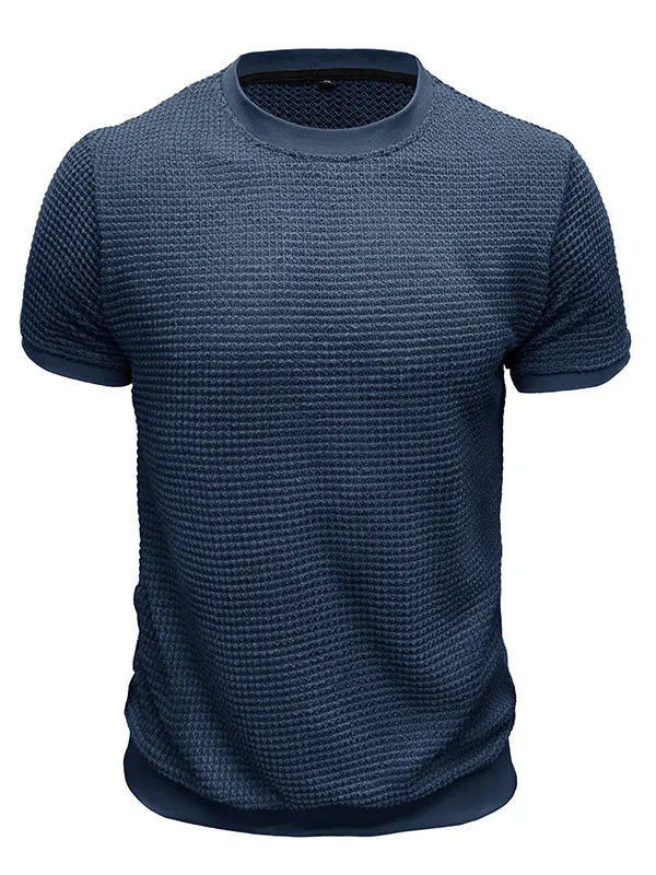 Men's Knitted Waffle Quality Casual Round Neck Short-sleeved T-shirt