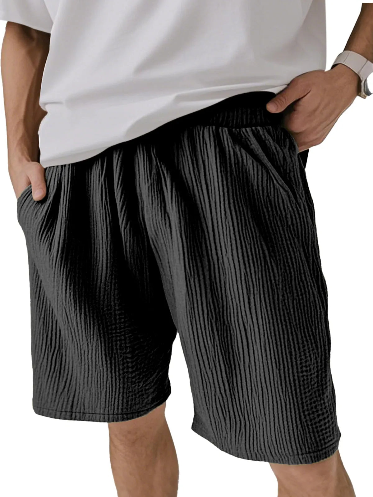 Men's Solid Color Pleated Texture Casual And Comfortable Shorts