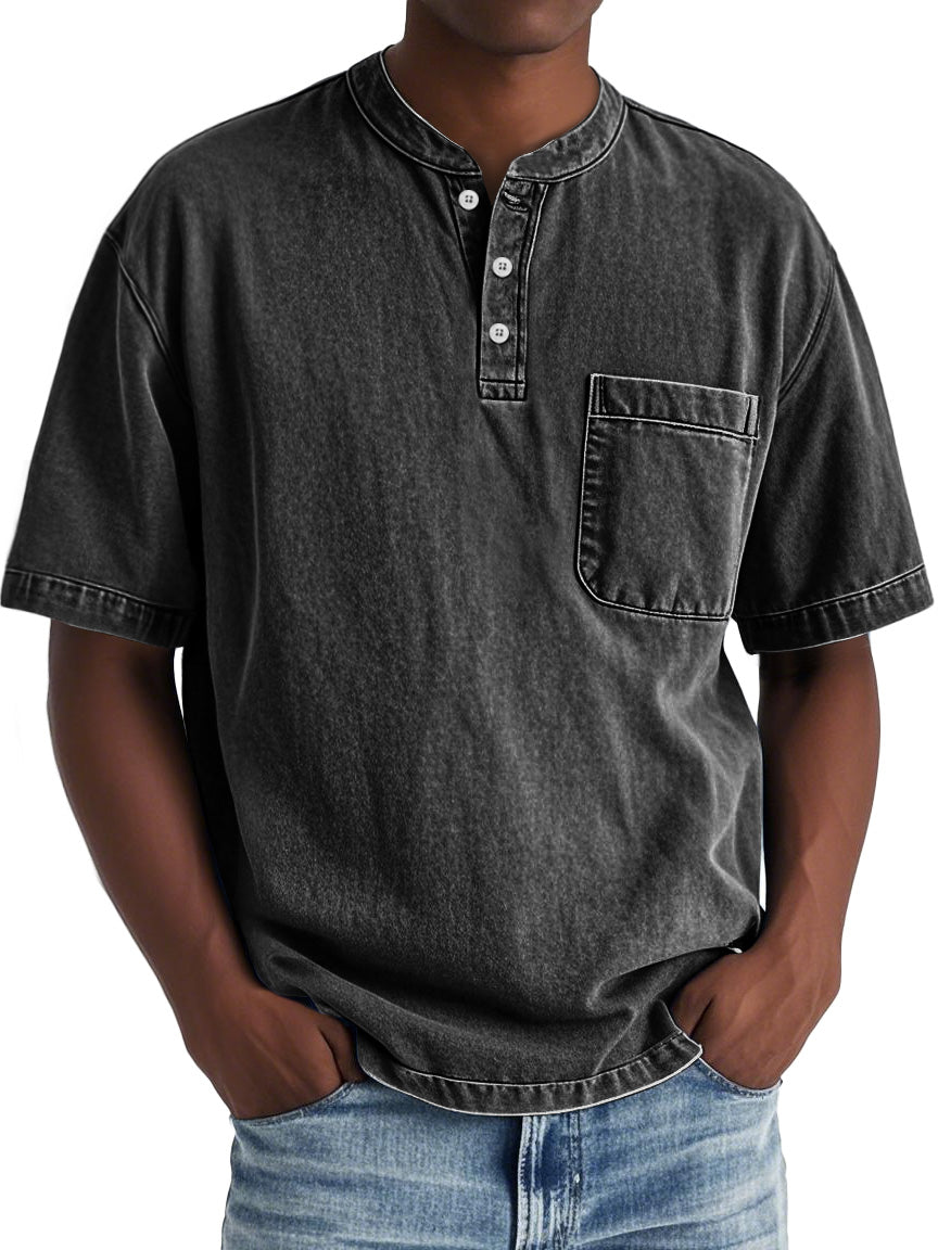 Men's Vintage Distressed Stand Collar Pocket Casual Short Sleeve Henley Shirt