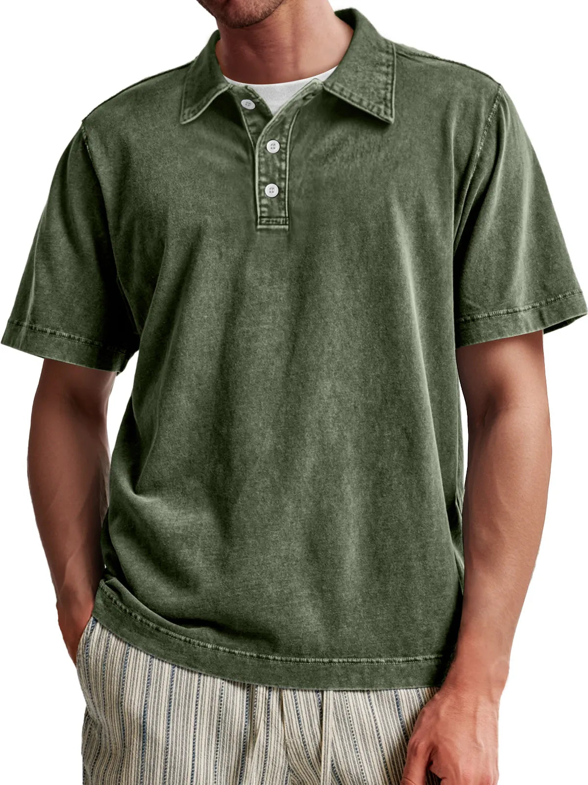Men's Vintage Washed 100% Cotton Casual Lapel Button Short Sleeve POLO Shirt