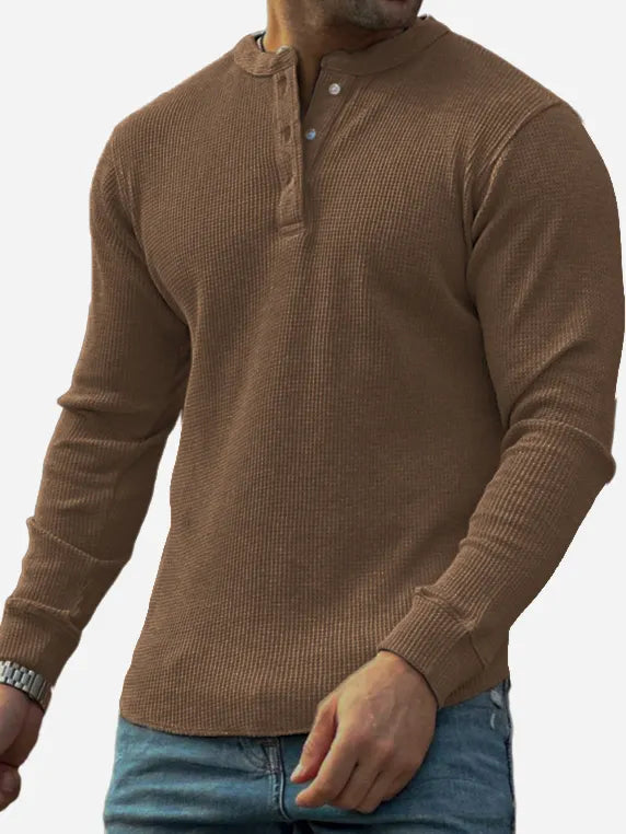 Men's Textured Waffle Trend Long Sleeve Lapel Henley
