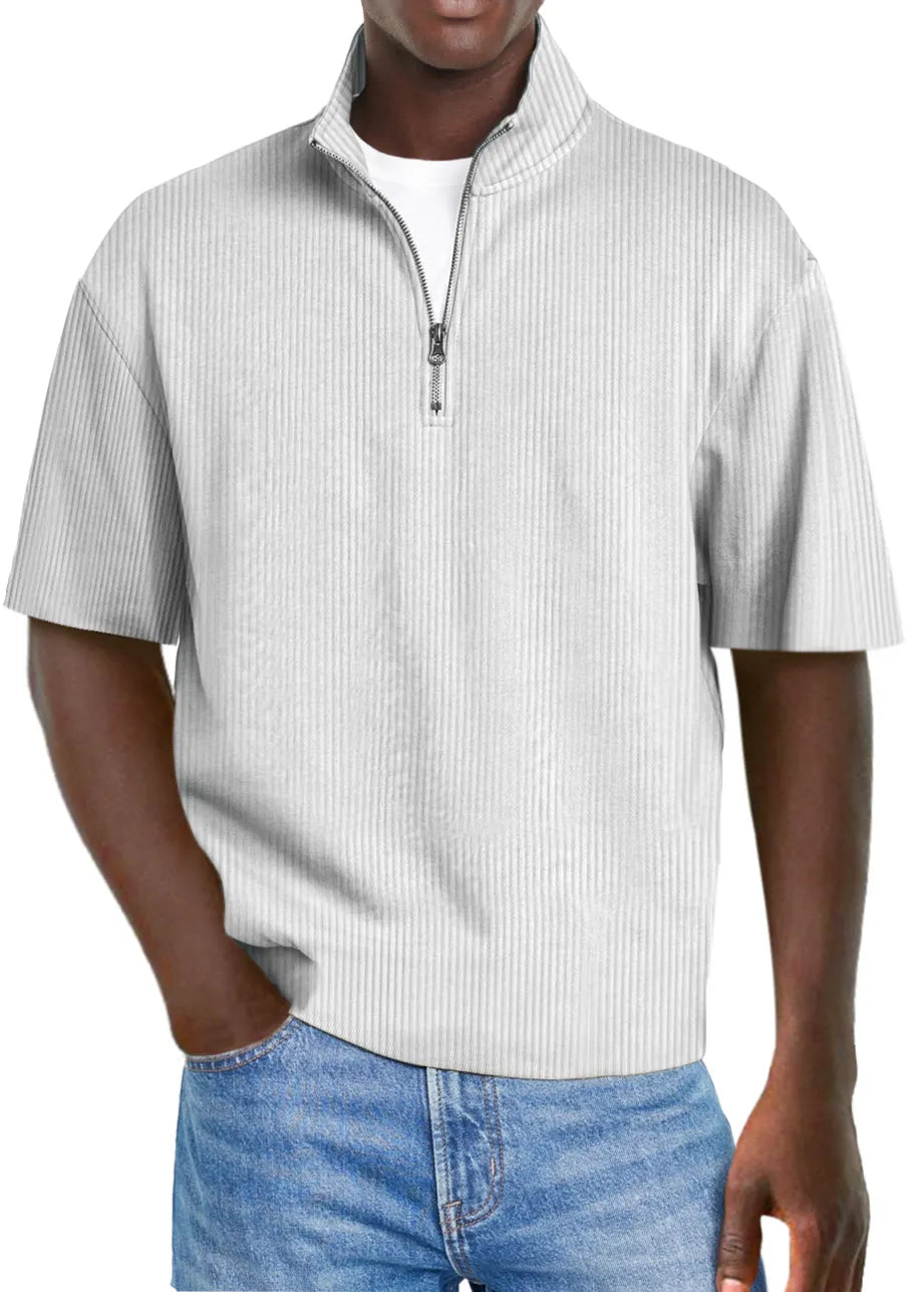 Men's Casual Solid Color Pit Collar Stand Collar Zipper Short Sleeve Polo Shirt