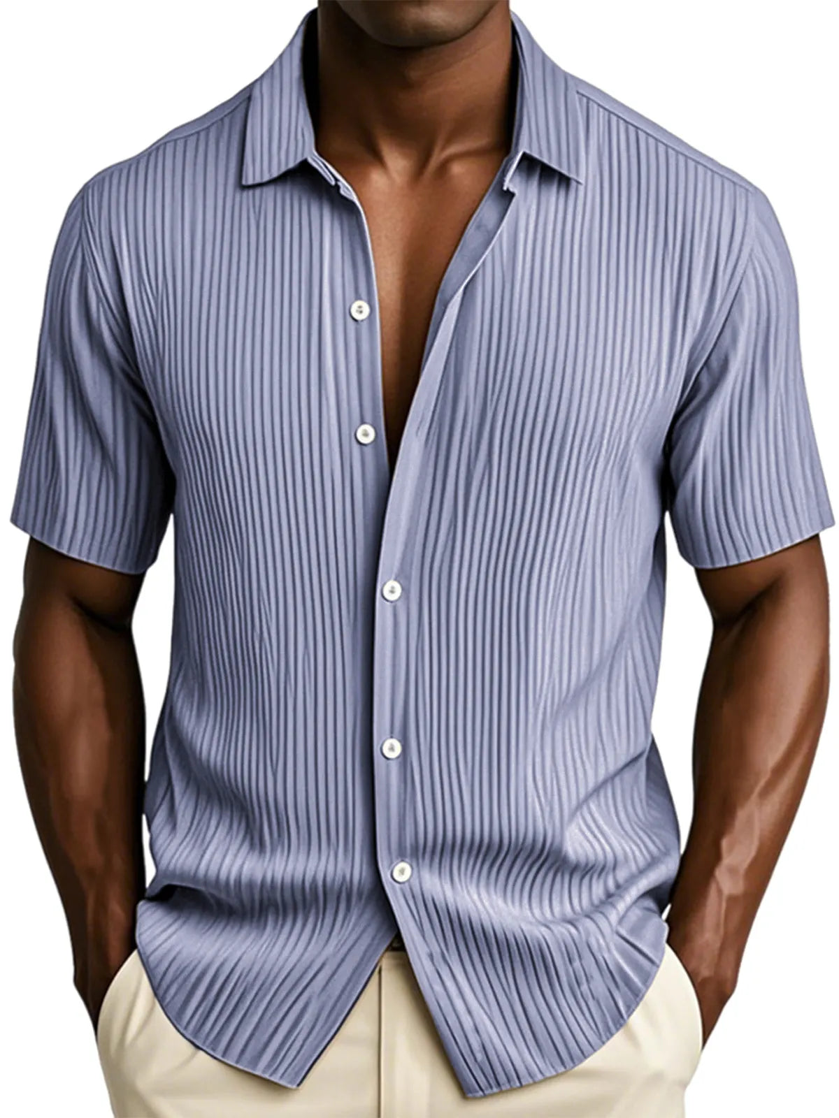 Men's Textured Vertical Striped Ice Silk Ripped Casual Button-down Short-sleeved Shirt