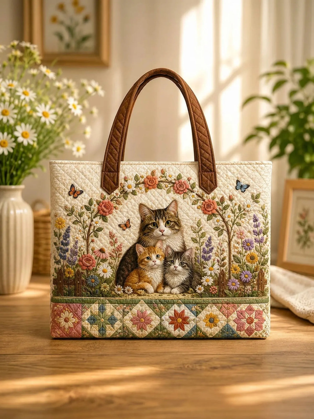 Garden Cat Family Wildflower Butterfly Patchwork Quilted Tote Bag