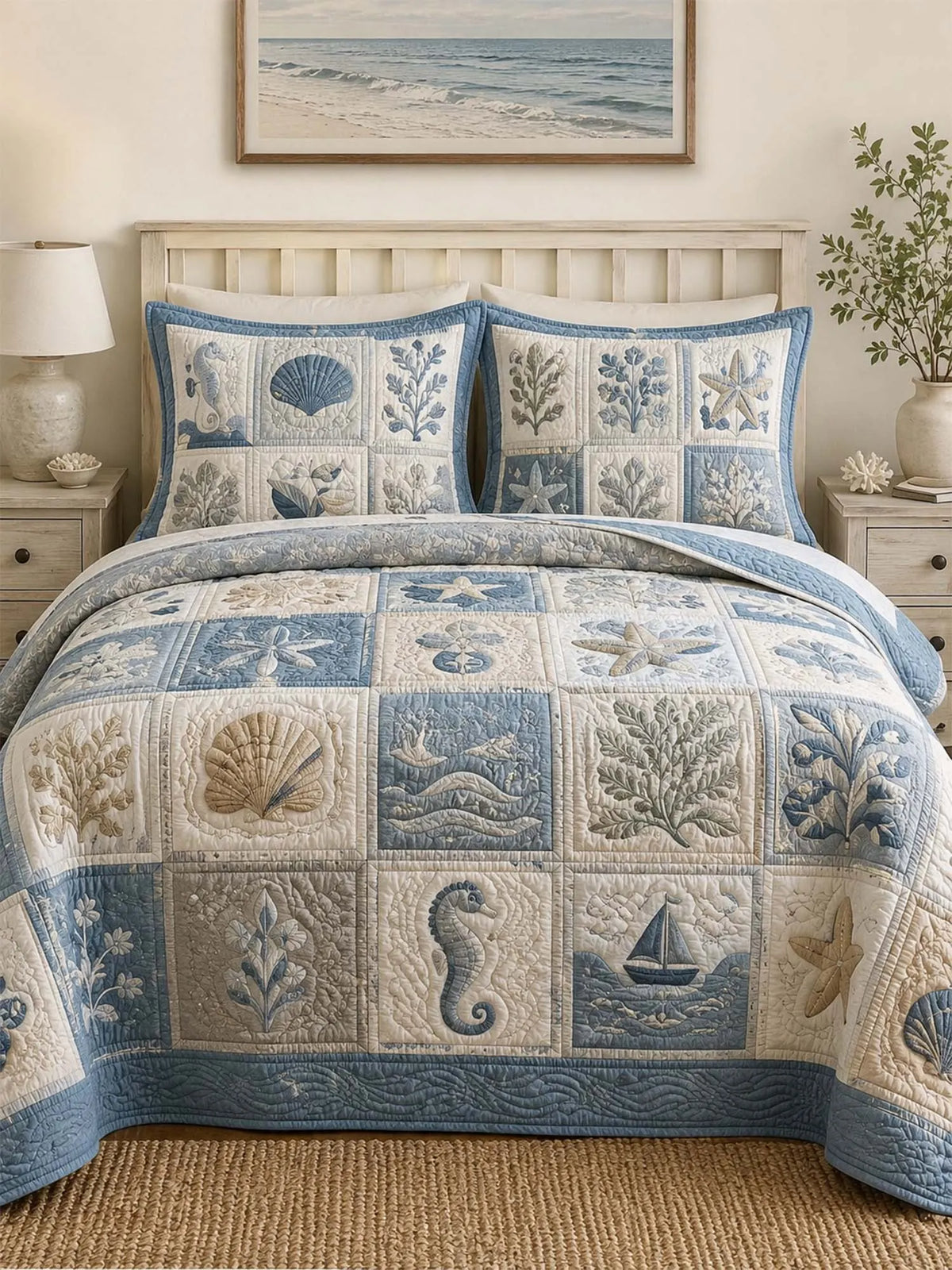 Coastal Ocean Quilted 3-Piece Bedding Set – Luxury Quilted Bedding with Matching Pillow Shams