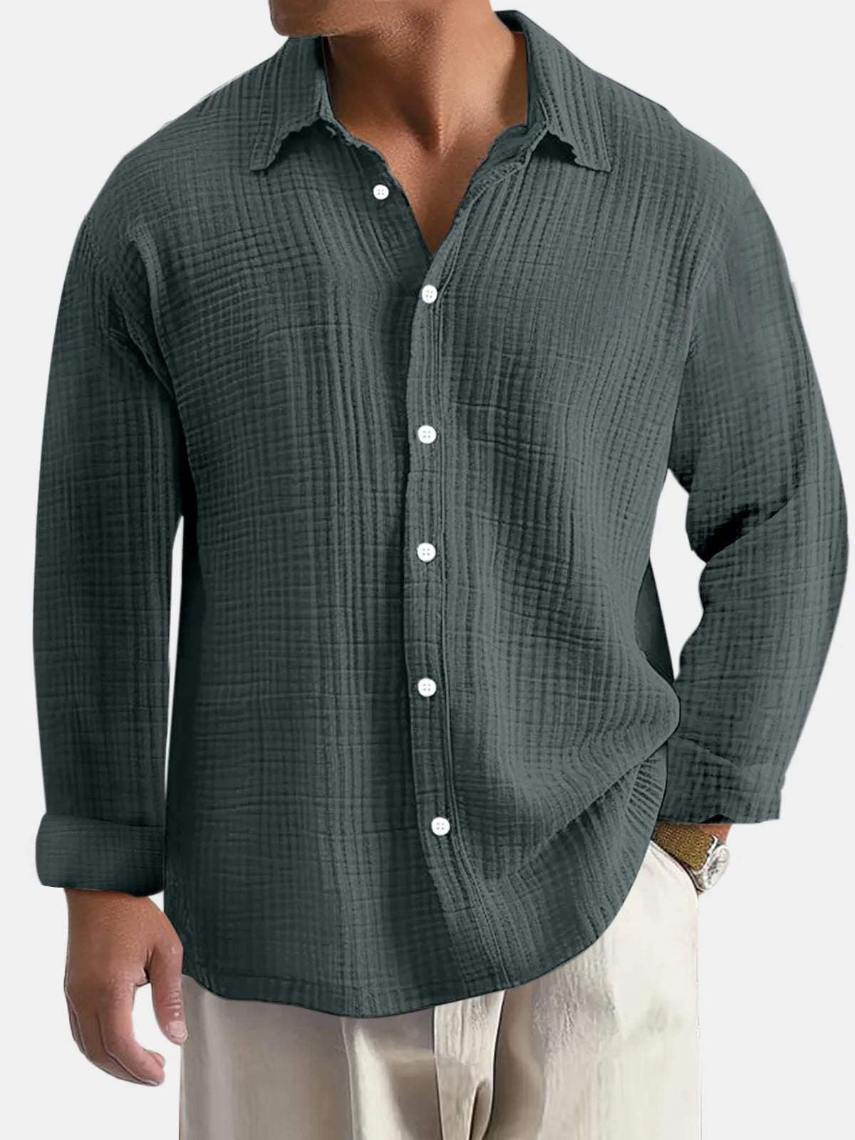 Men's Everyday Solid Color Pleated Textured Comfort Long Sleeve Shirt