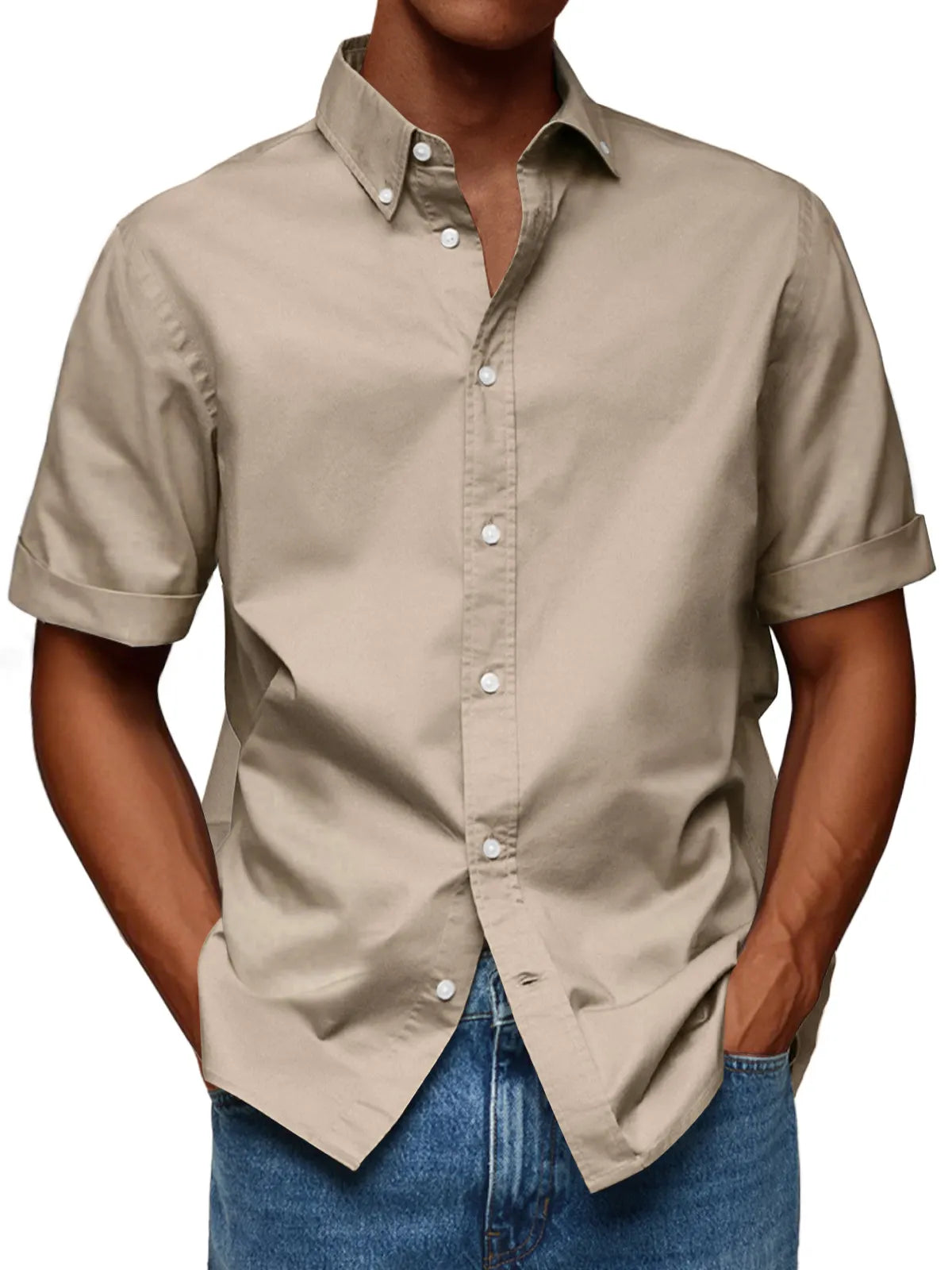 Men's Fashion Casual Lapel Solid Color Comfortable Short Sleeve Shirt
