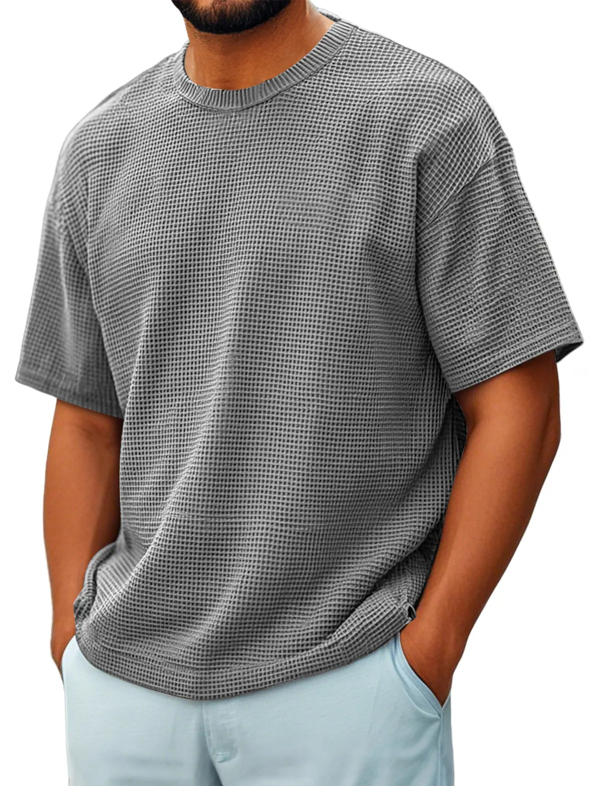 Men's Round Neck Waffle Casual Short-sleeved T-shir