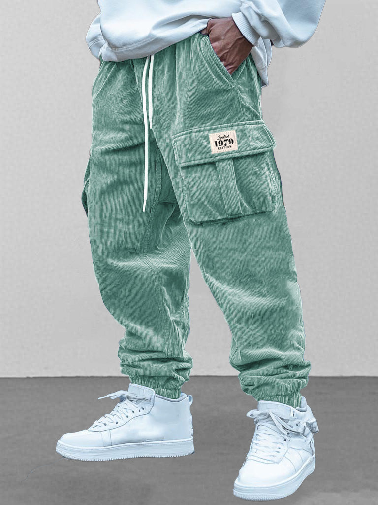 Men's Fashion Retro Workwear Pocket Elastic Drawstring Trousers