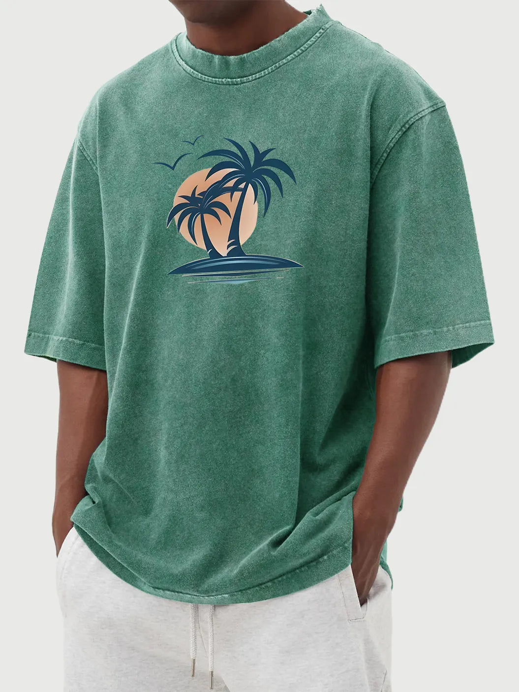 Men's Washed Distressed Cotton Palm Tree Casual Short-sleeved T-shirt