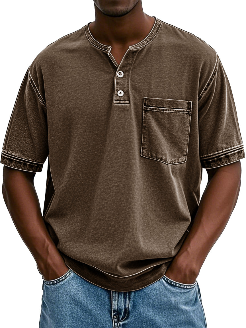 Men's Fashion Vintage Washed Pocket Short Sleeve Henley Shirt