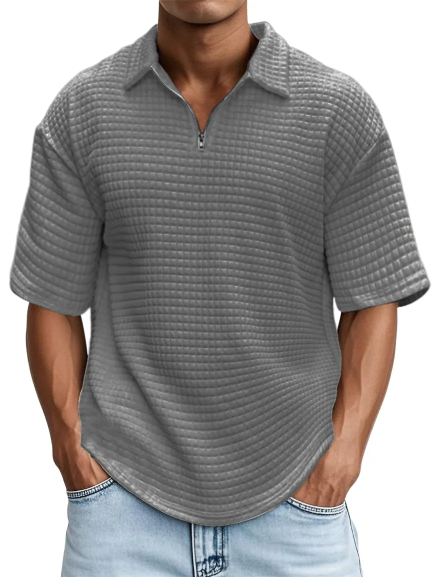 Men's Waffle Fabric Zipper Short-sleeved Top