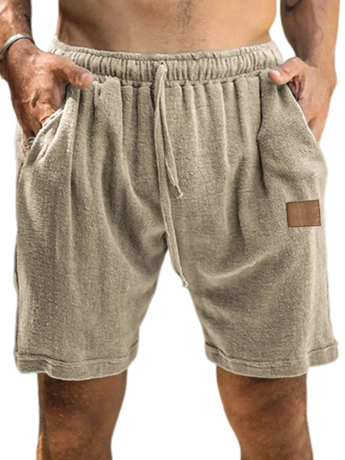 Men's Textured Comfort Embroidered Logo Holiday Casual Lace-Up Shorts with Side Pockets