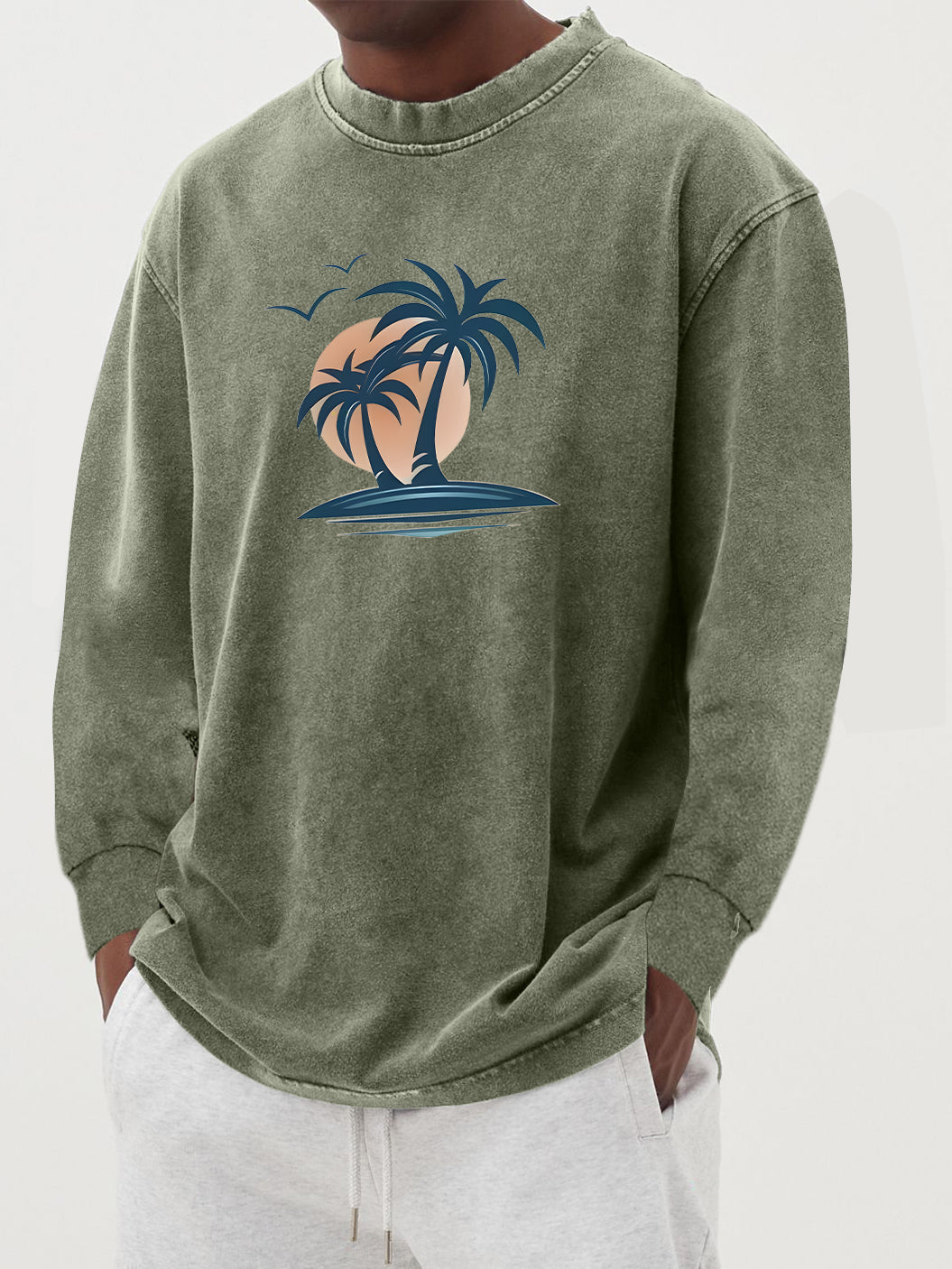 Men's Washed And Distressed 100% Palm Tree Print Long-sleeved T-shirt