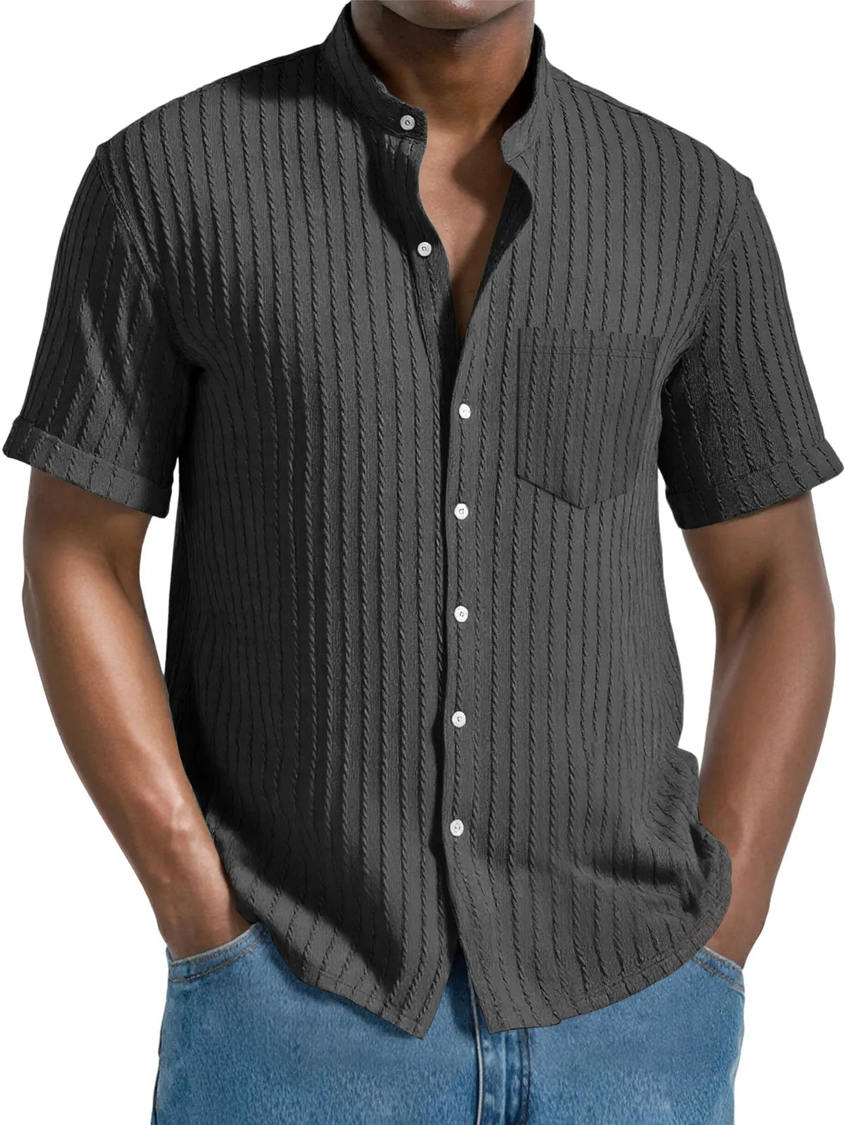 Men's Daily Jacquard Texture Stand Collar Button Casual Short Sleeve Shirt