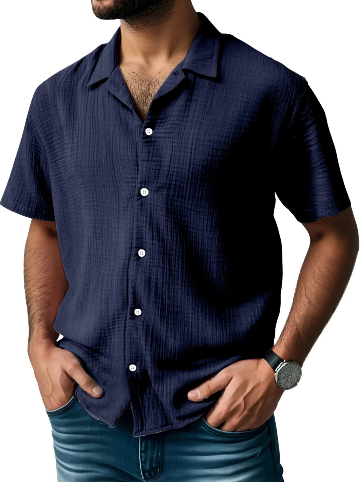Men's Everyday Solid Color Pleated Texture Short-sleeved Shirt