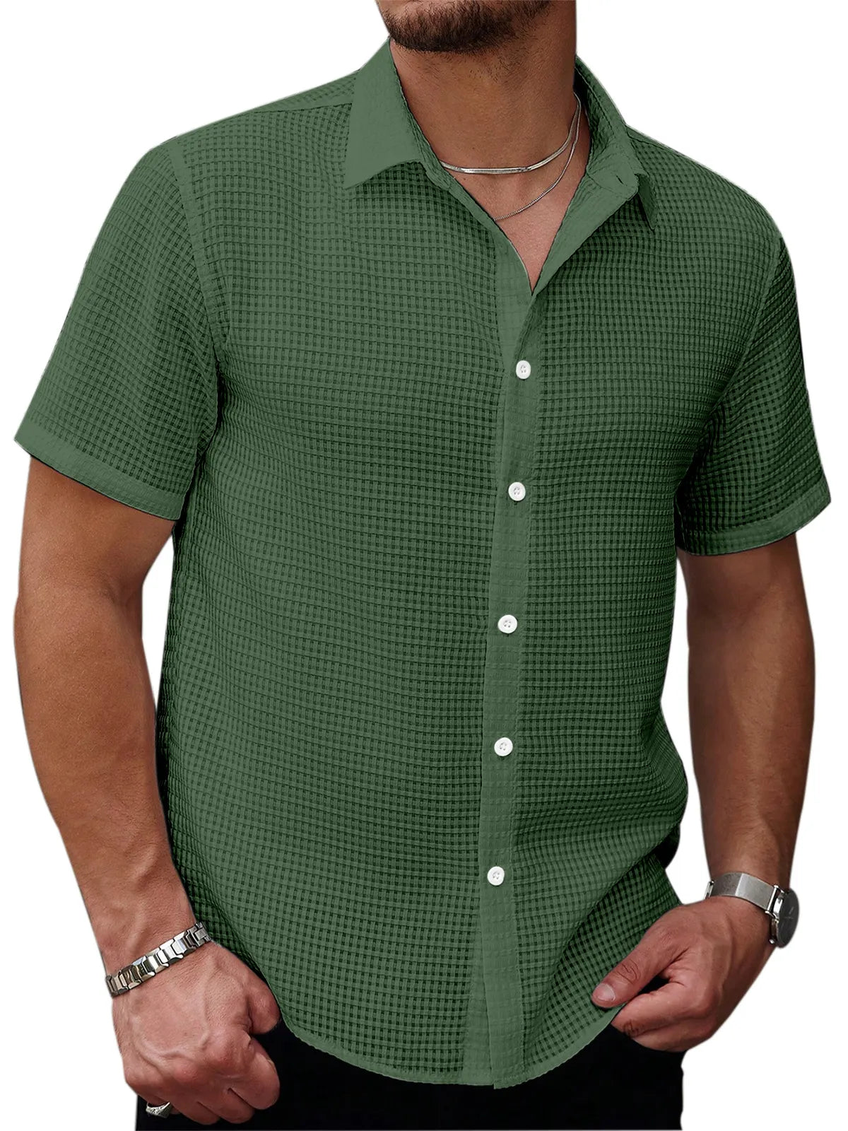 Men's Casual Summer Solid Color Waffle Texture Short-sleeved Button-down Shirt