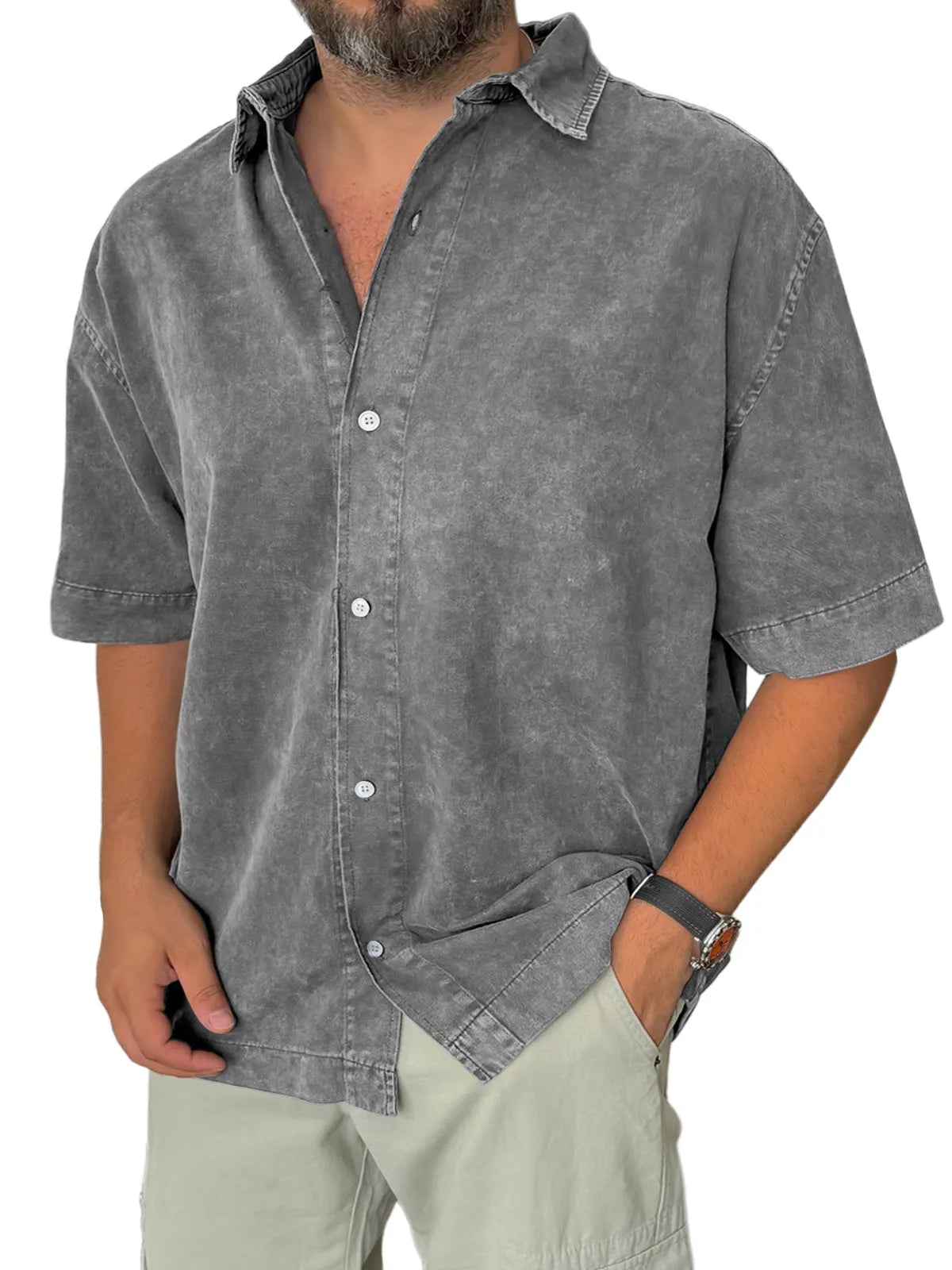 Men's Retro Everyday Casual Lapel Solid Color Short Sleeve Shirt